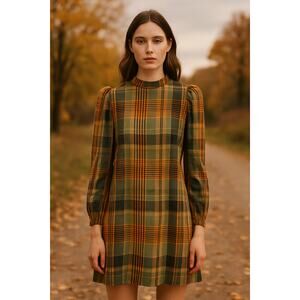 Eve Gravel Tartan Plaid Pistols Puff-Shoulder Balloon Sleeve Dress Size L